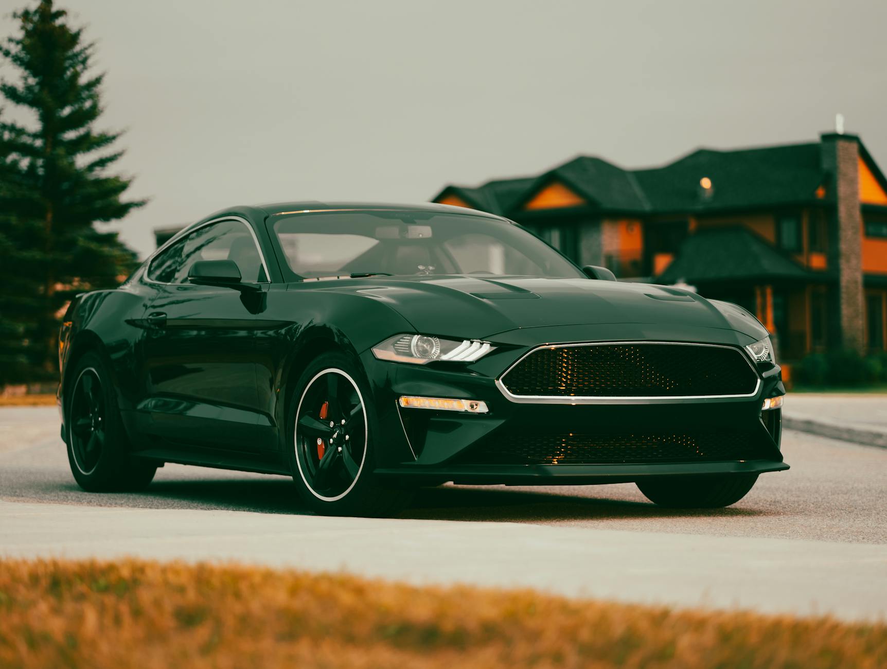 Czarny Ford Mustang zaparkowany na osiedlowej ulicy w Ameryce Północnej